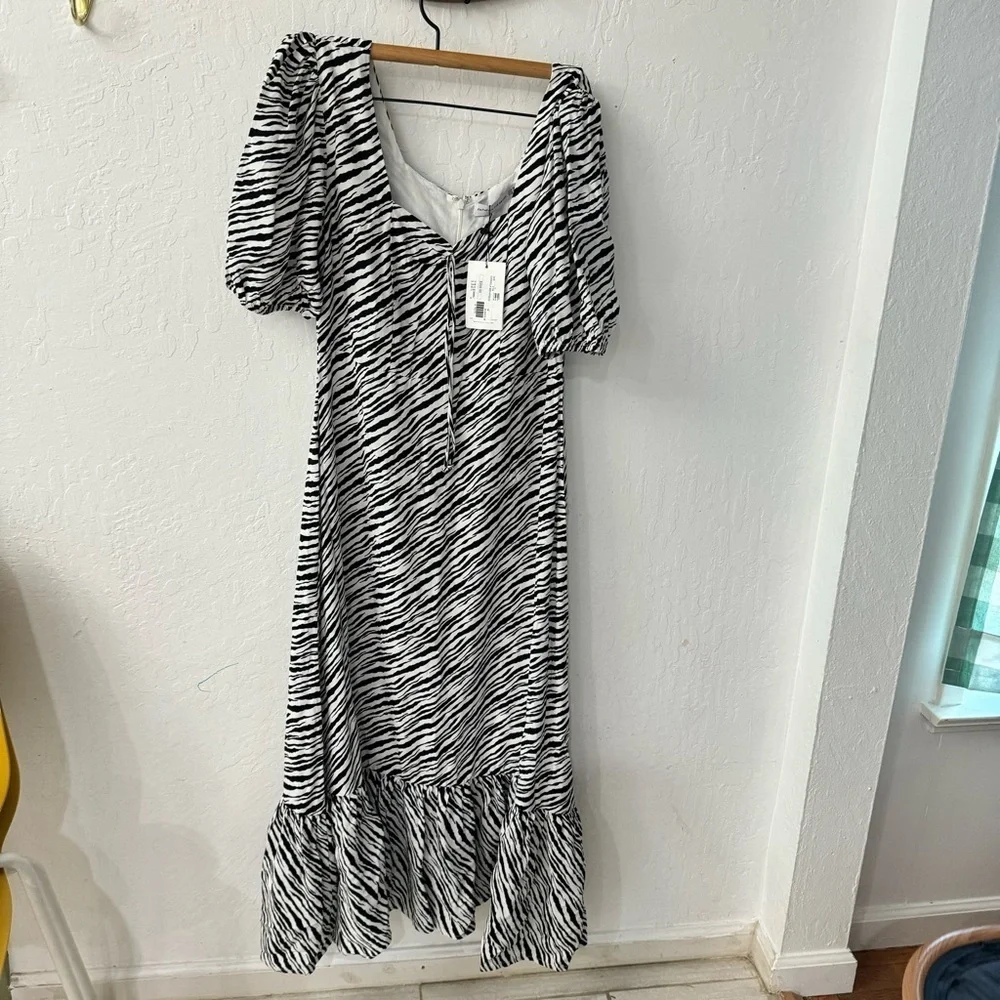 Faithfull The Brand Gabriela Zebra Stripe Black White Puff Sleeve Midi Dress M - Picture 4 of 10